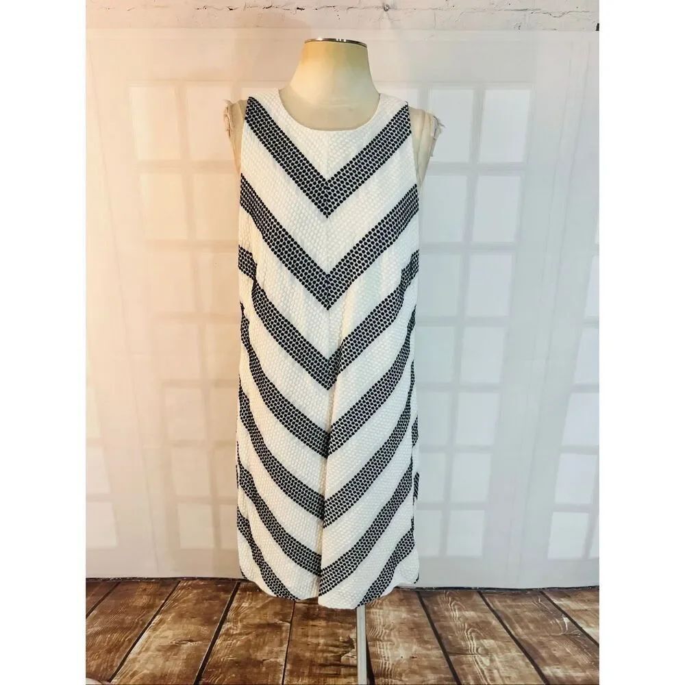 Loft Ann Taylor White Black Embroidered Polka Dot Sleeveless Shift Dress Size 14